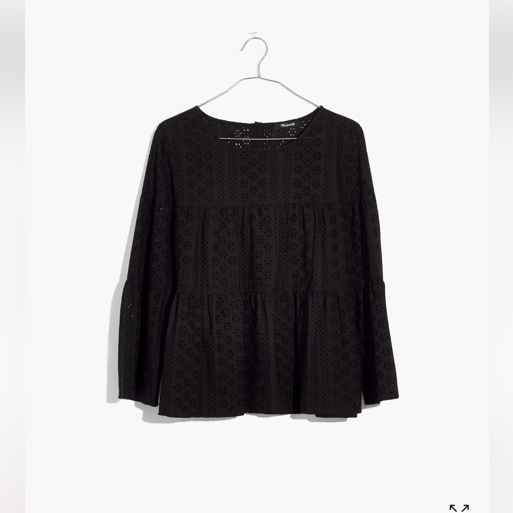 Madewell Black Eyelet Size XS Tiered Long Sleeve Top Blouse Shirt Back Buttons